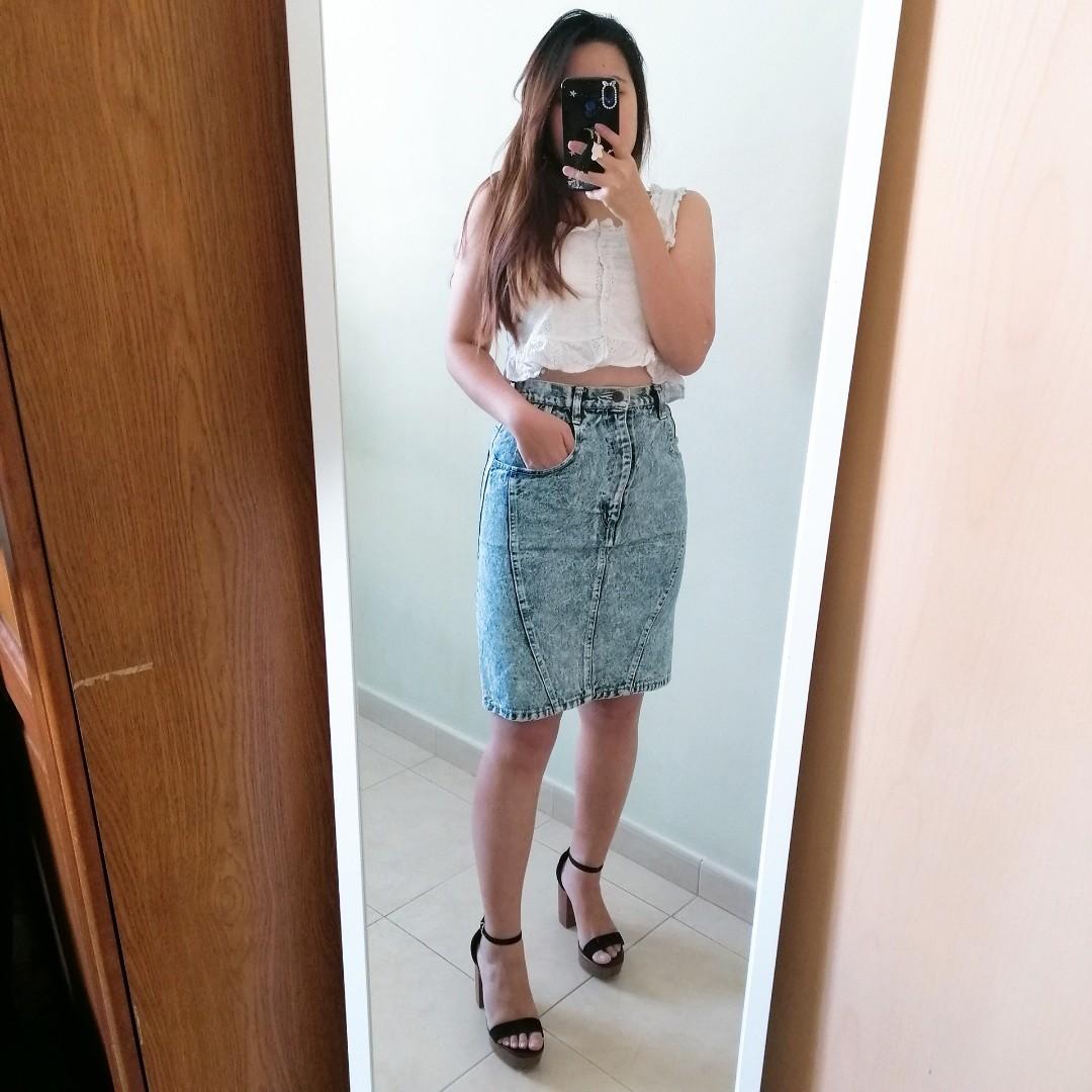 acid wash midi skirt
