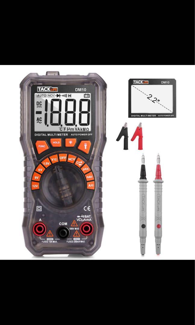 MULTIMETER (Category: Health Monitors & Weighing Scales) located in Singapore. Submitted by sgcontractor168 (Listing ID 1024577375, Image 4). Description: Product information Manufacturer TACKLIFE Manufacturer reference DM10 Product Dimensions 7.1 x 4.6 x 14.7 cm Shipping Weight 440 g TACKLIFE Multimeter, DM10 Digital Electrical Tester Auto Ranging Battery Tester AC/DC Voltage AC/DC Current Resistance Continuity Diode Measuring Meter with NCV, Fl