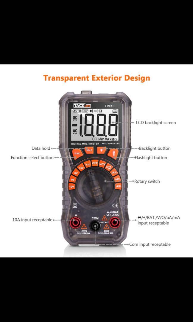 MULTIMETER (Category: Health Monitors & Weighing Scales) located in Singapore. Submitted by sgcontractor168 (Listing ID 1024577375, Image 3). Description: Product information Manufacturer TACKLIFE Manufacturer reference DM10 Product Dimensions 7.1 x 4.6 x 14.7 cm Shipping Weight 440 g TACKLIFE Multimeter, DM10 Digital Electrical Tester Auto Ranging Battery Tester AC/DC Voltage AC/DC Current Resistance Continuity Diode Measuring Meter with NCV, Fl
