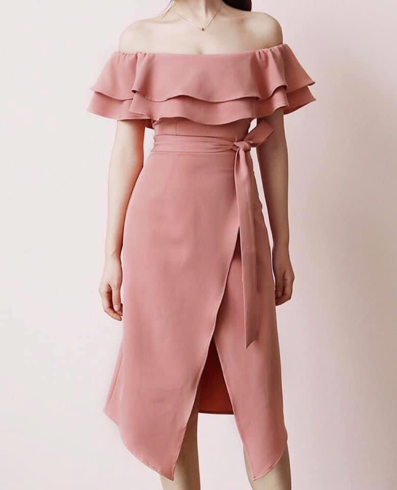 Off Shoulder 2 layer Upper Side Split Self Belt Dress Women s