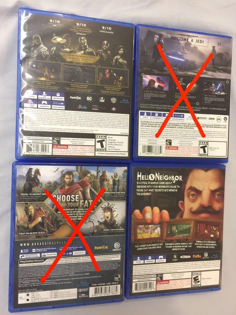 PS4 Games (Category: PlayStation) located in Manila. Submitted by jemer96 (Listing ID 1023841581, Image 2). Description: All in very good condition Star Wars Jedi Fallen Order 1490 Injustice 2 Legendary Edition 1190 Assassins Creed Odyssey 990 Hello Neighbor 790 .