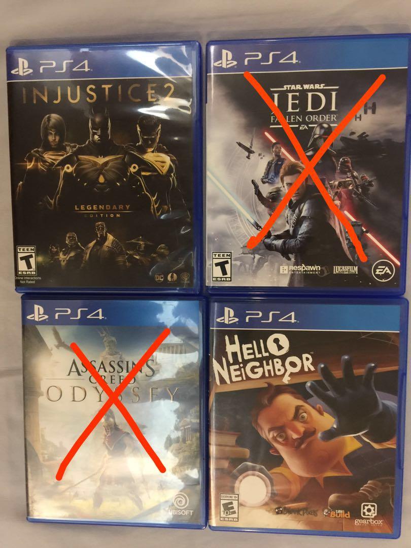 PS4 Games (Category: PlayStation) located in Manila. Submitted by jemer96 (Listing ID 1023841581, Image 1). Description: All in very good condition Star Wars Jedi Fallen Order 1490 Injustice 2 Legendary Edition 1190 Assassins Creed Odyssey 990 Hello Neighbor 790 .