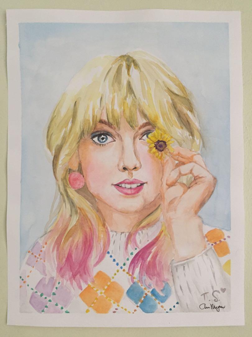 Taylor Swift portrait (Lover album) Watercolor Painting, Hobbies & Toys ...