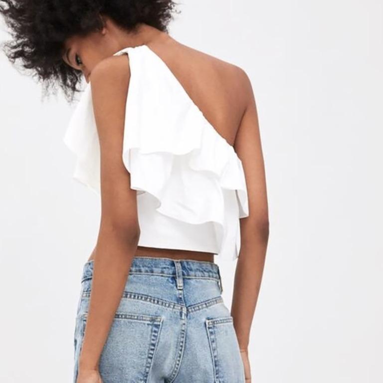 ZARA White One Shoulder Asymmetrical Ruffled Crop Top Extra Small XS