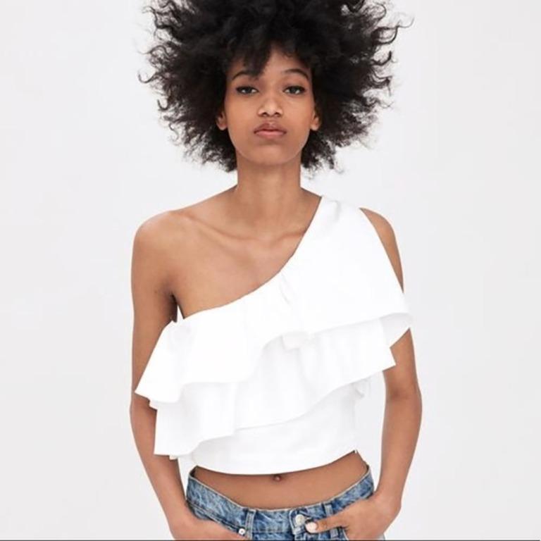 Zara White One Shoulder Asymmetrical Ruffled Crop Top Extra Small Xs Womens Fashion Tops 3684