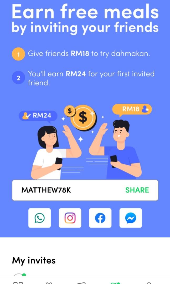 Dahmakan Invite Code (Category: Local Eats) located in Kuala Lumpur. Submitted by chey_w17 (Listing ID 1017945610, Image 1). Description: Get RM 18 off for dahmakan! (RM 6 for each first 3 orders) Get chef-made meals that taste just like home-cooked. Signup with my link or use code MATTHEW78K and save RM 18 on your next orders https://referrals.dahmakan.com/zFKo.