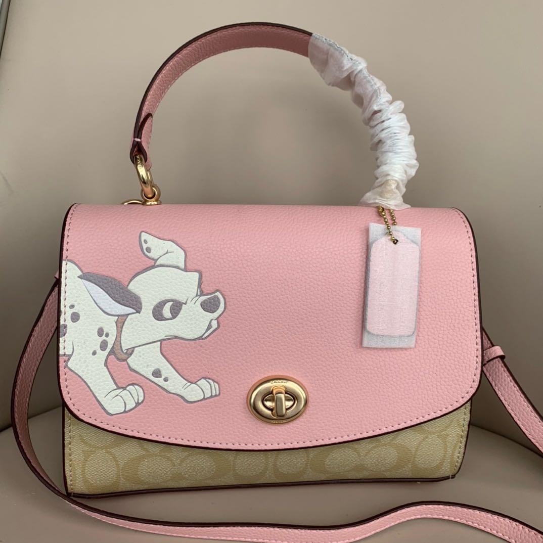 DISNEY X COACH TILLY TOP HANDLE SATCHEL IN SIGNATURE CANVAS WITH DALMATIAN COACH 91128 IM BLOSSOM LIGHT KHAKI MULTI