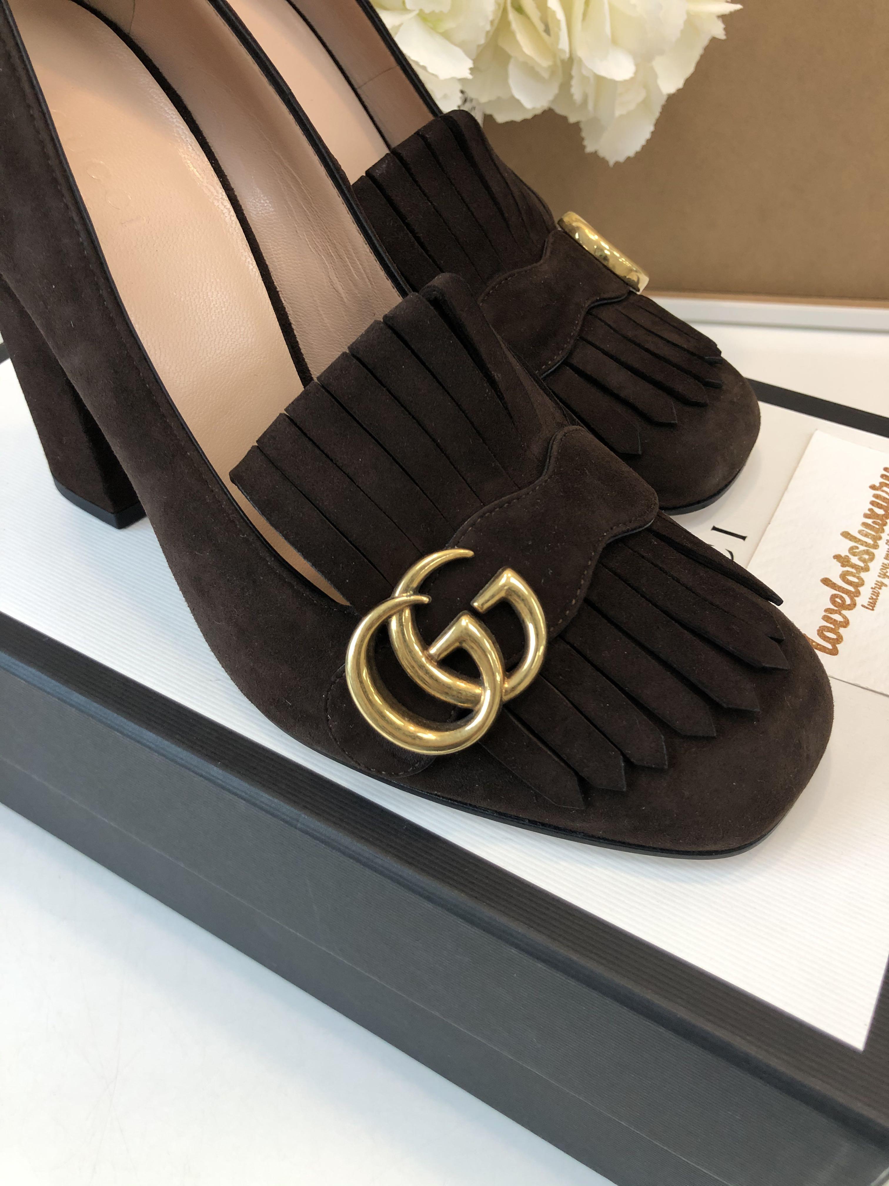 Gucci Marmont GG Fringe Heels Dark Brown Suede, Luxury, Shoes on Carousell