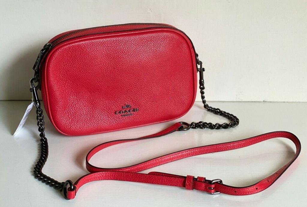 NEW COACH POPPY RED PEBBLED LEATHER ISLA CHAIN CROSSBODY SLING