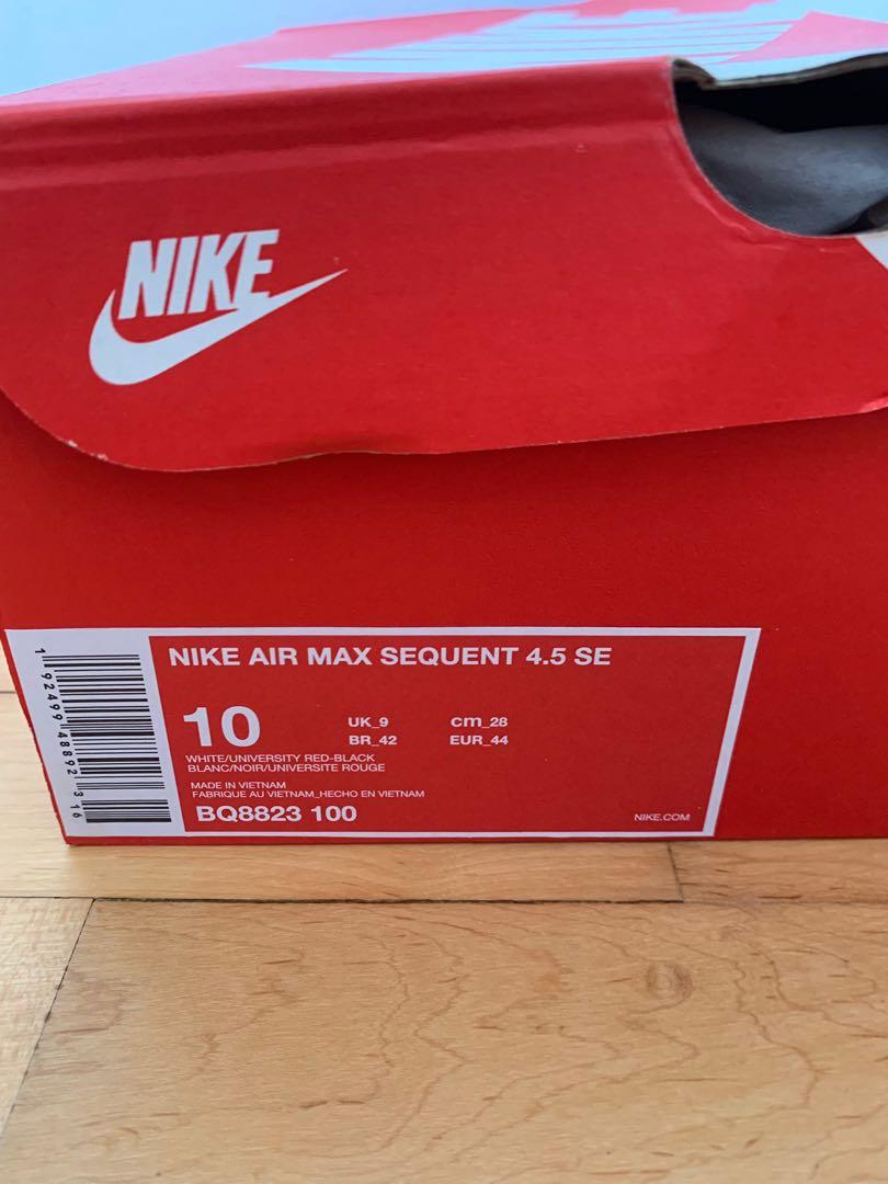 Nike Air Max Sequent 4.5 SE (Category: Sneakers) located in Singapore. Submitted by moving_2021 (Listing ID 1018001792, Image 5). Description: Men’s Nike Air Max Sequent 4.5 SE with box. Bought at $159, worn only once briefly. Size 10/ UK9/ BR42/ EUR44/ 28cm Selling due to wrong size. In excellent condition..