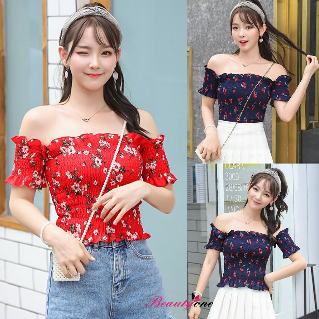 [PO] Off Shoulder Top Korean Style Women Fashion Sexy Crop floral summer  spring cropped croptop tee tank shirt tops ruffled blouse cute ribbon long