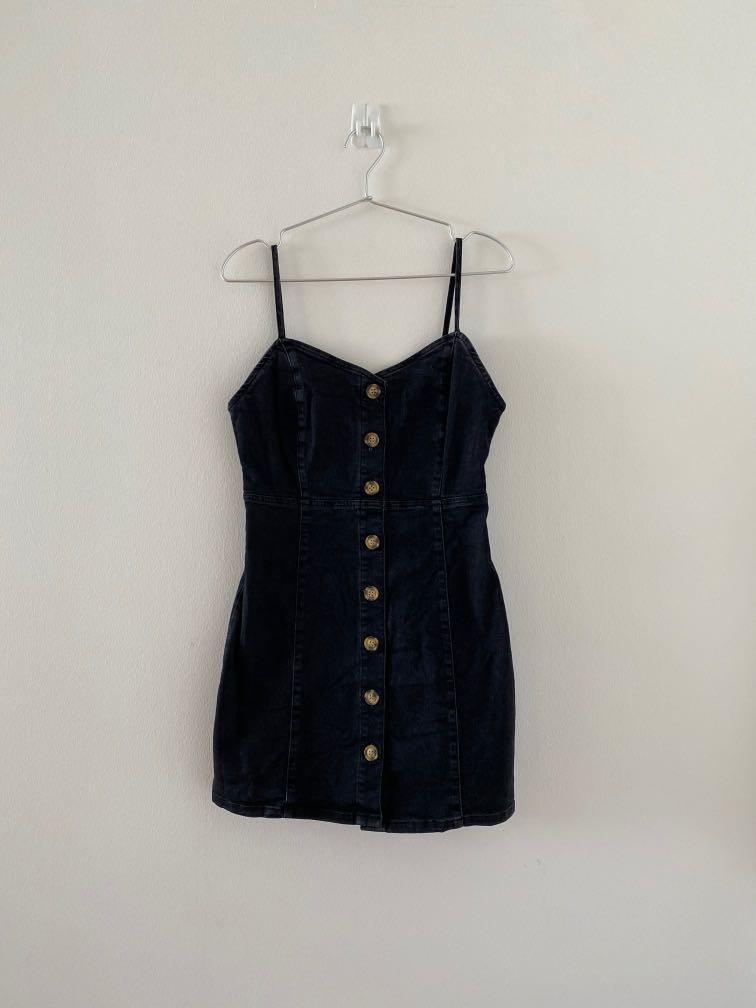 primark black denim dress Primark fitted thin strap black denim dress size 10