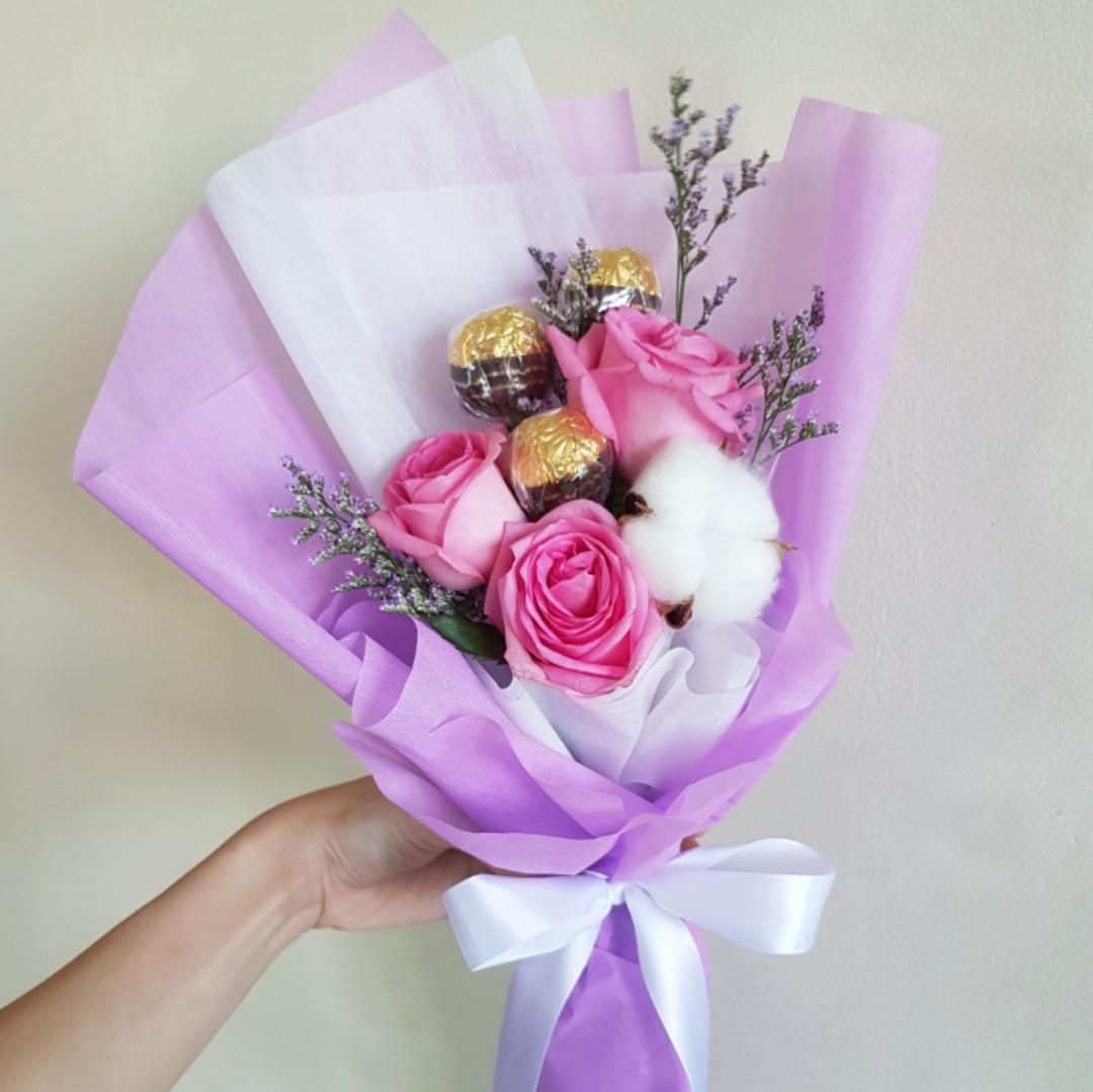 Ready Stock Fresh Pink Rose Cotton Ferrero Rocher Flower Bouquet For Celebration Lover Date Dating Gardening Flowers Bouquets On Carousell