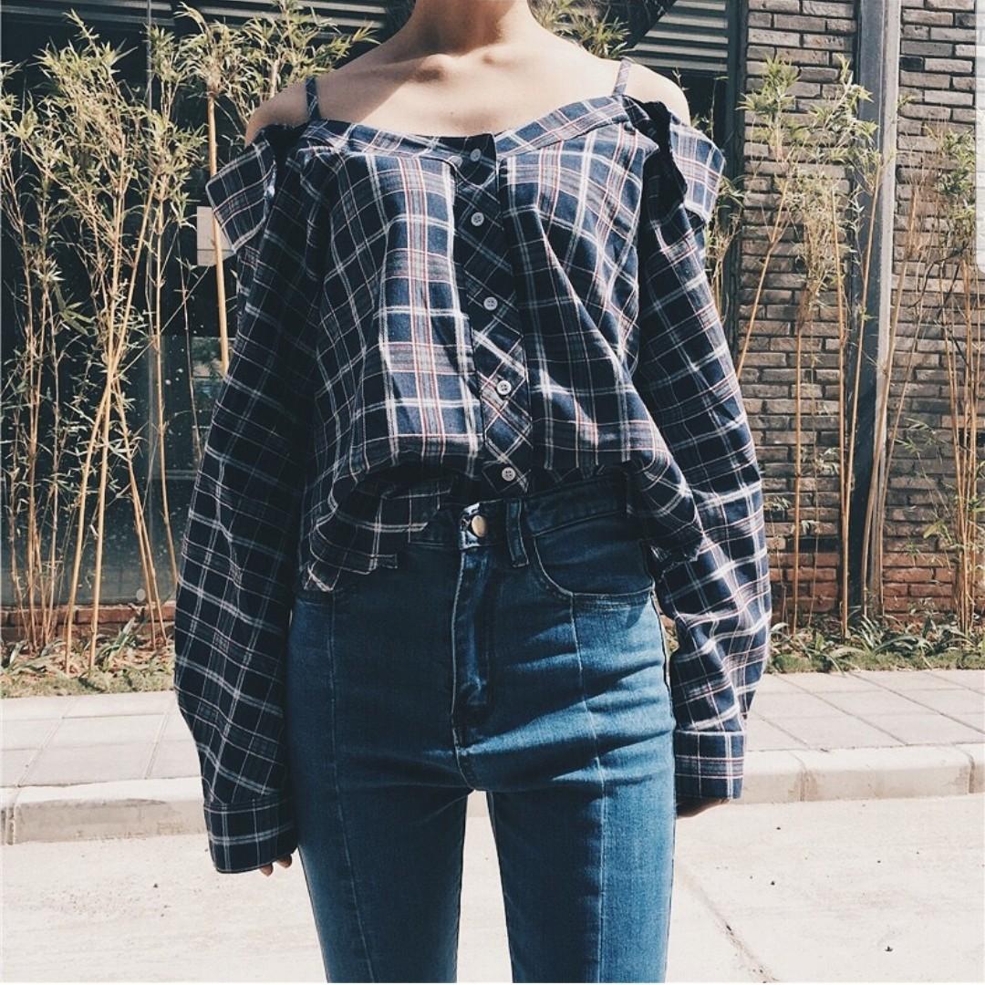 Blue Checkered Off Shoulder Flannel Top Women s Fashion Tops