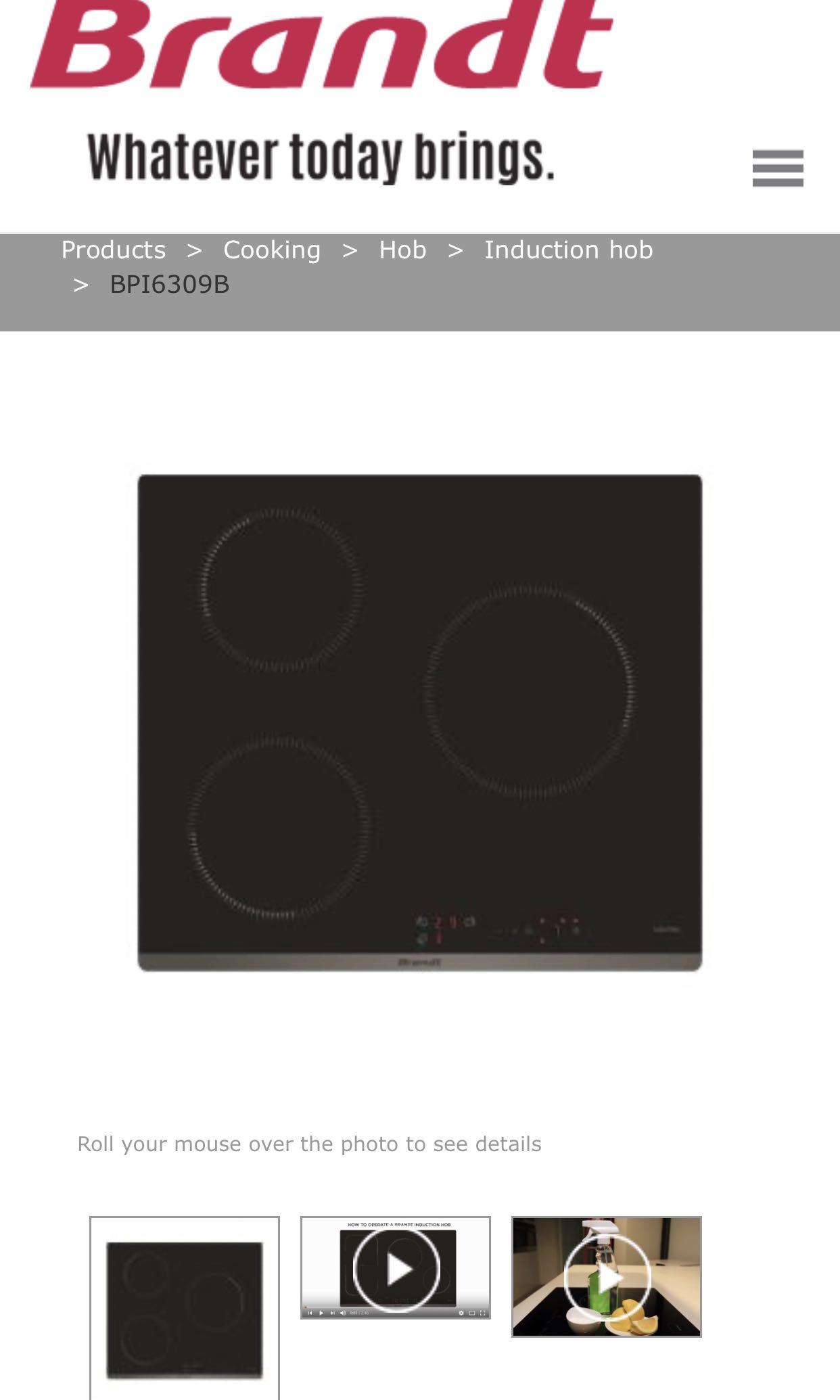 Brand new Brandt induction hob (BPI6309B 60CM 3ZONE INDUCTION HOB), TV & Home Appliances