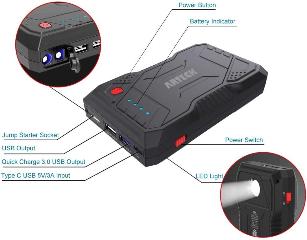(EL) Arteck 800A Peak Portable Car Jump Starter (Up to 6.0L Gas or 4.0L