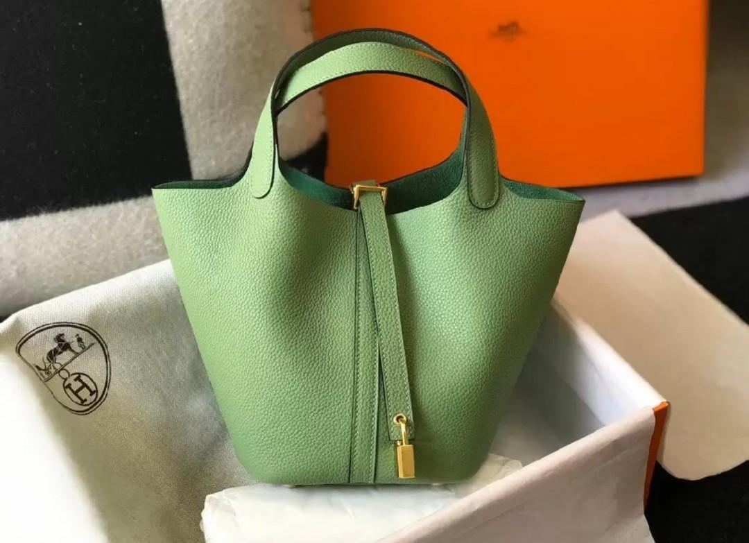 Brand New February 1st 2022 Year Purchase Date Hermes Picotin Lock 18 with Gold Hardware Menthe Green Clemence Tote