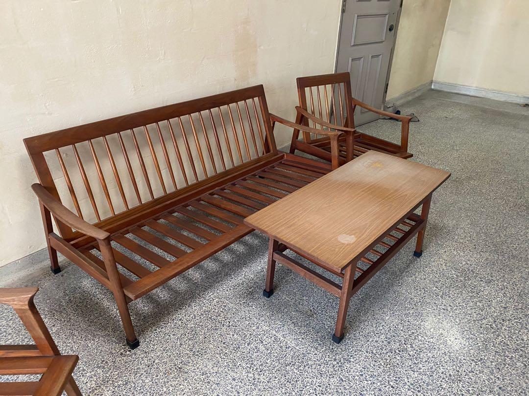 Retro 70s solid wood sofa and tables, Furniture, Sofas on Carousell