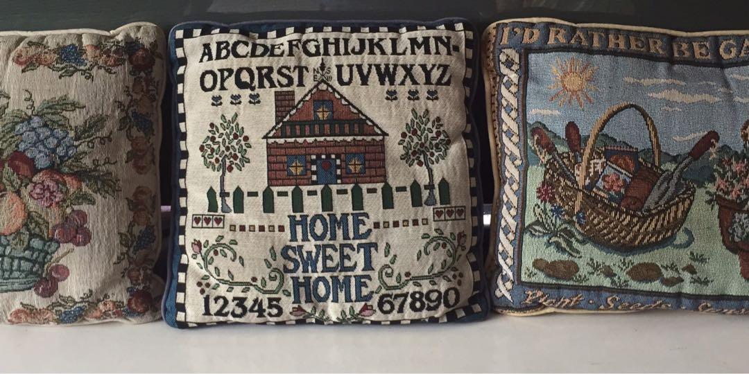 3 Pieces Country-style Decorative Pillows from US (Category: Home Improvement Tools & Accessories) located in Quezon City. Submitted by auibee (Listing ID 1024882802, Image 1). Description: Selling these gently used country-style decorative throw pillows (bought from USA) for only 250 each, or 750 for all 3 pieces; Used as decorative pieces for our country-inspired rest house's sofa; RFS: house already got sold so had to get the items tog with ot