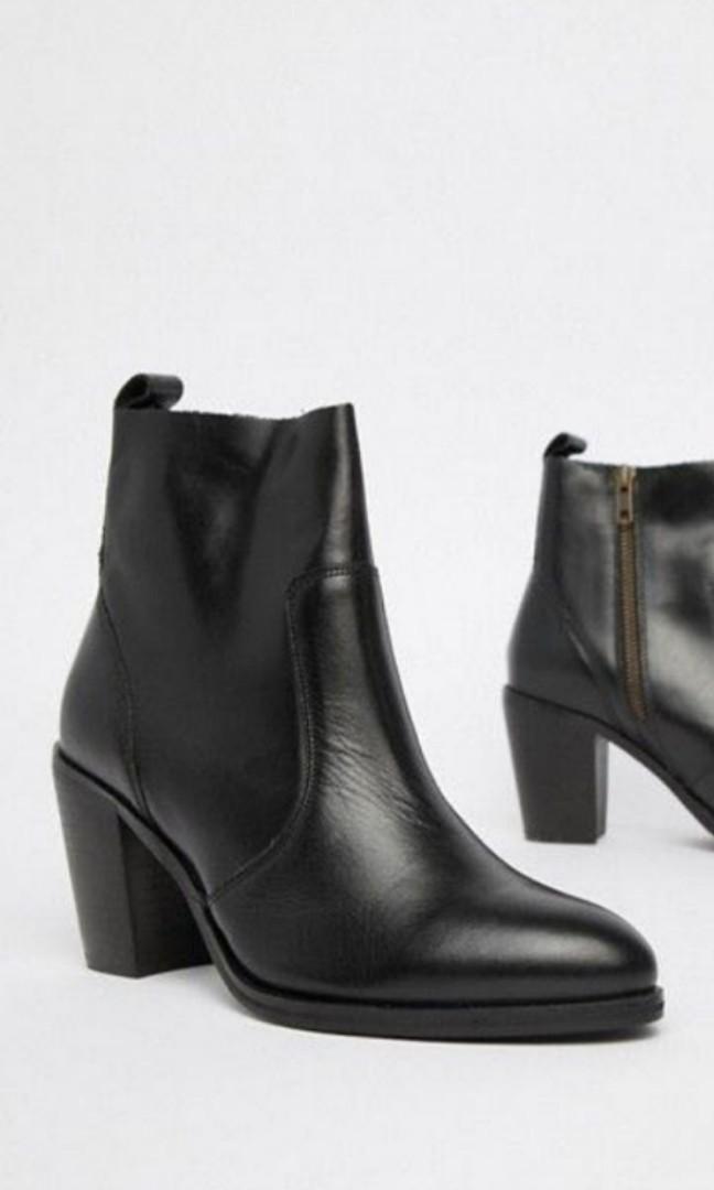 black leather chunky heel boots