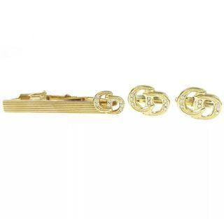 Christian Dior Rhinestone Cufflinks Button Necktie Pin Set Gold