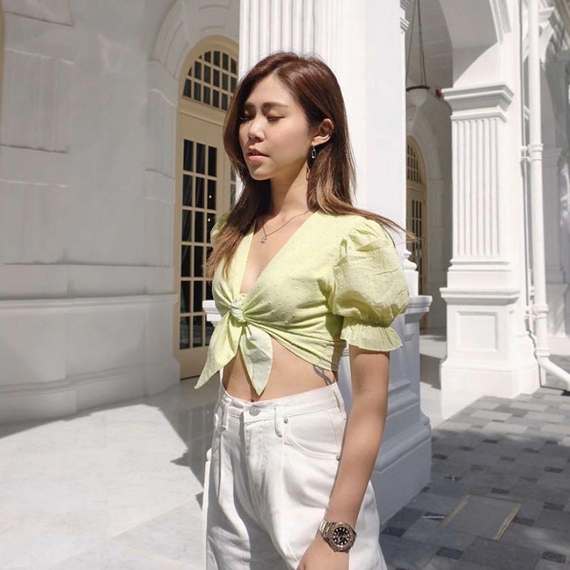 pomelo fashion puffed sleeves crop tie top in green, Women's Fashion