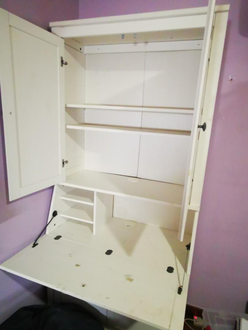 Study table (Category: Tables & Sets) located in Singapore. Submitted by boonchong.wee (Listing ID 1024220440, Image 3). Description: Ikea study table. With storage. Dimension 1.2 m x 1.9 m tall.. With a foldout table for studying and able to keep stuff out of sight when closed..