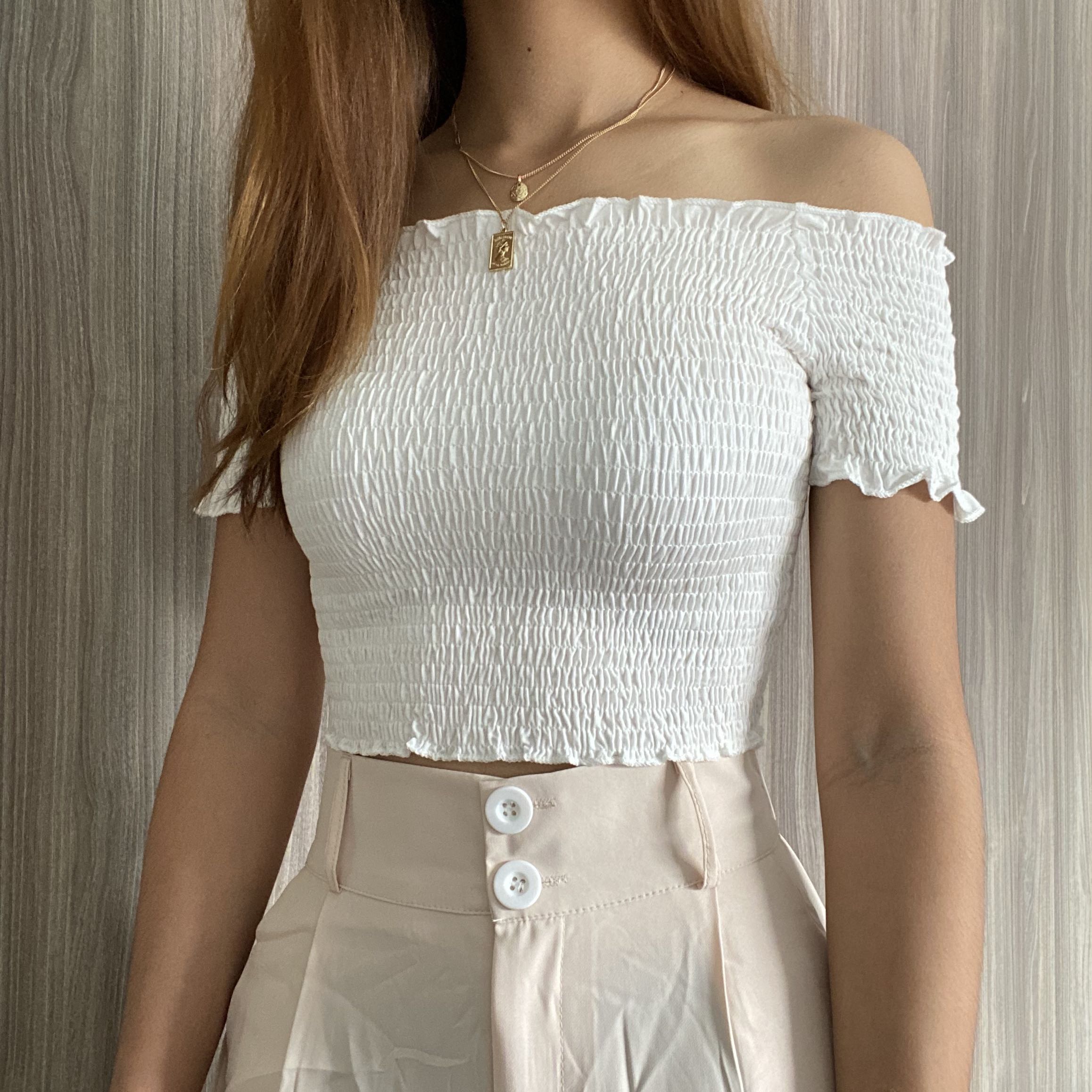 White smocked off deals the shoulder top