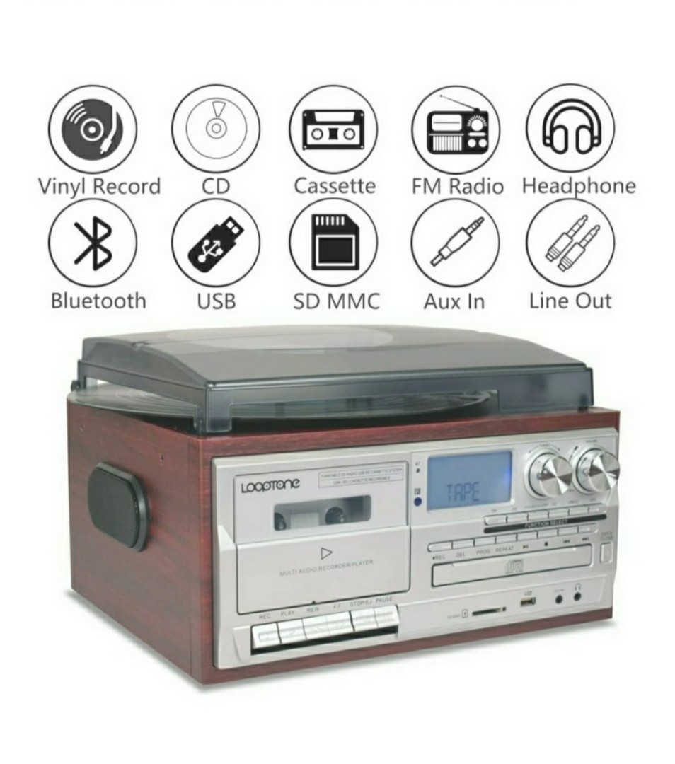 6 in 1 Bluetooth Vinyl Record Turntable CD&Cassette Player AM/FM Radio