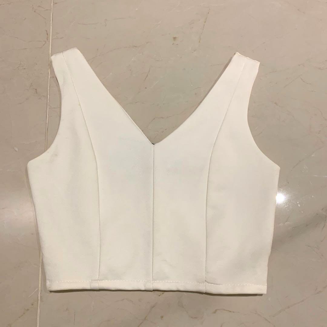 ELSKA short sleeve v neck zip back crop top cream white Women s