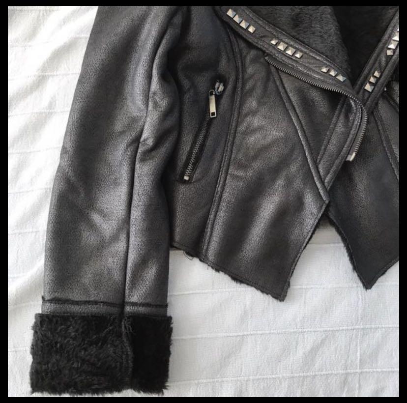Fur lined faux leather jacket sale