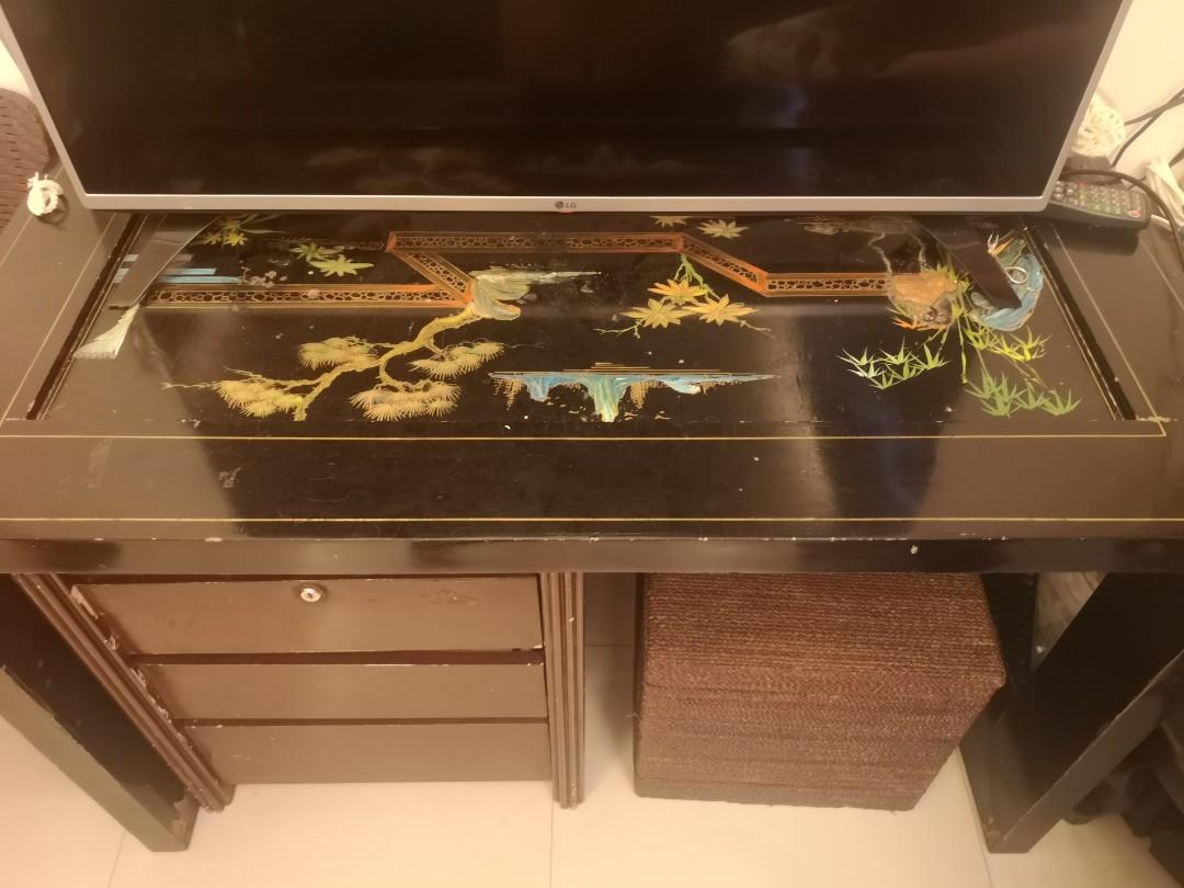 Oriental Design 6-Seater Table with Glass Top (Category: Tables & Sets) located in Makati City. Submitted by declutterwjn_ (Listing ID 1018439752, Image 3). Description: This one is a Chinese oriental-style table. Being used as a TV table right now but is actually a dining table good for 6. It comes with glass on top. For pickup or lalamove at Makati..
