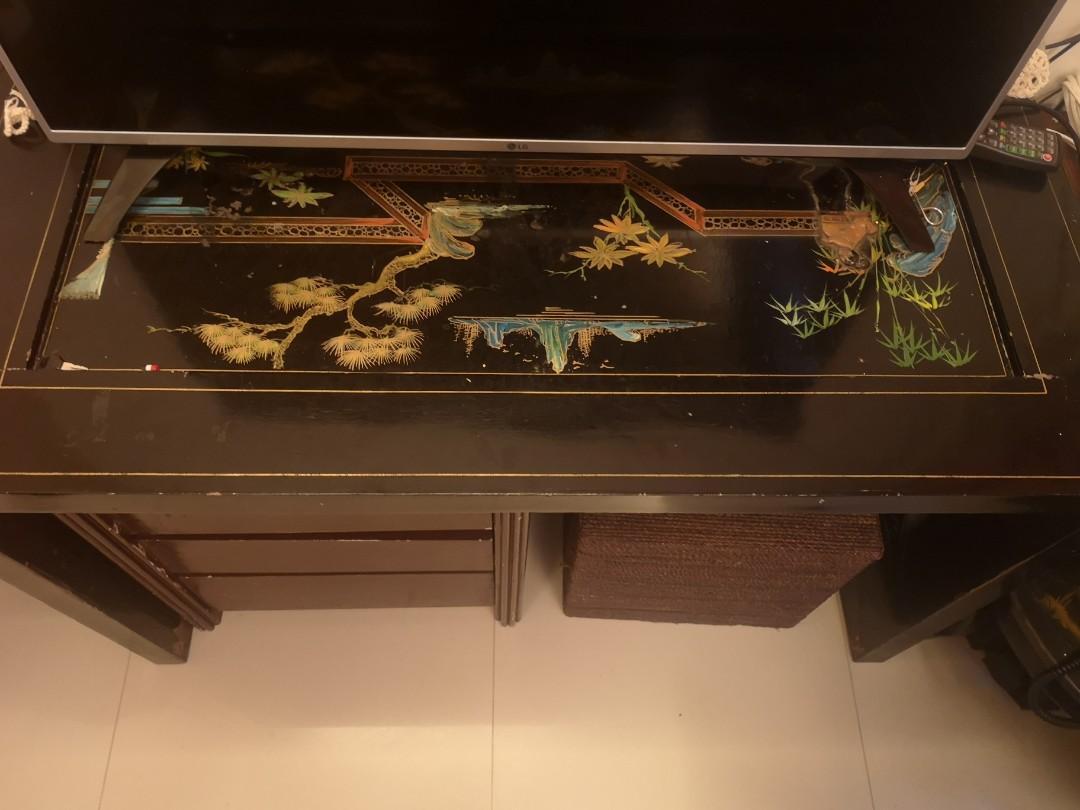 Oriental Design 6-Seater Table with Glass Top (Category: Tables & Sets) located in Makati City. Submitted by declutterwjn_ (Listing ID 1018439752, Image 1). Description: This one is a Chinese oriental-style table. Being used as a TV table right now but is actually a dining table good for 6. It comes with glass on top. For pickup or lalamove at Makati..