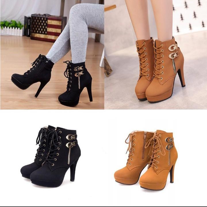 PO》Women Boots Lace Up High Heel Ankle 