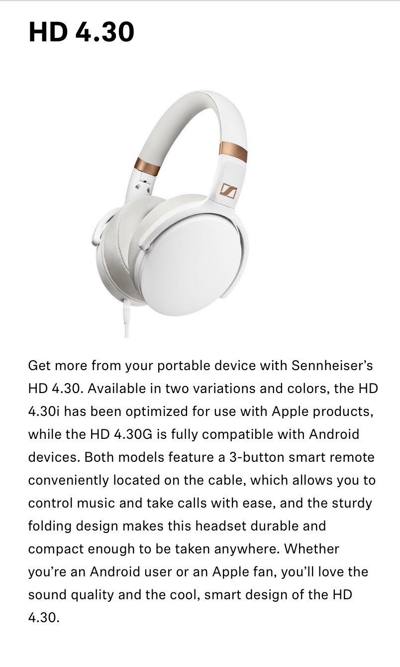 Sennheiser HD4.30 Headphones White, Audio, Headphones \u0026 Headsets on  Carousell