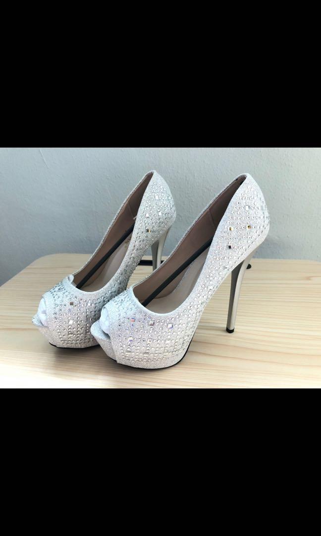 silver sparkling heels