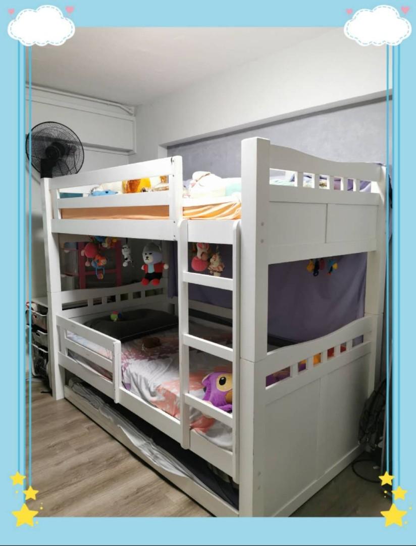 Bed frame double decker + pull out bed. Solid wood, Furniture & Home