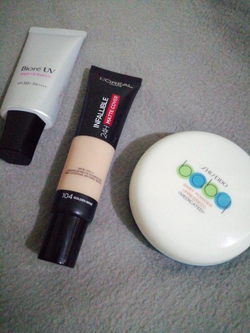 Bundle Makeup (Category: Makeup) located in Carmona. Submitted by jajag6 (Listing ID 1018705169, Image 1). Description: These are authentic L'Oréal-Shade 104 Golden Beige (98% full) Shiseido medicated powder (swatched only) will wash the puff before delivery Biore Bright Up Base Sunblock (60% full).