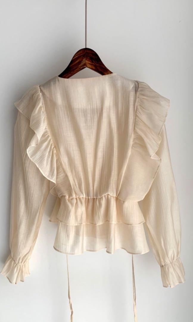 Cheap Korean Ruffled Chiffon Shirt Women Casual Vintage Long