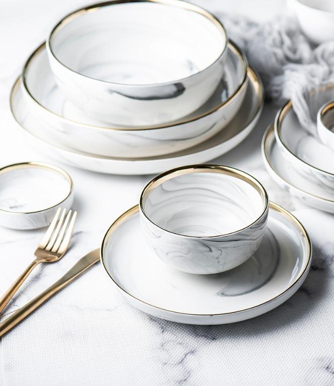 2pax Marble Design Ceramic Dinnerware W Gold Edge Plates Bowl Set Furniture Home Living Kitchenware Tableware Dinnerware Cutlery On Carousell