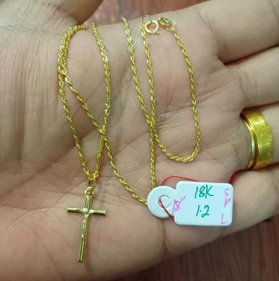 18K Saudi Gold Rope Chain with Cross 