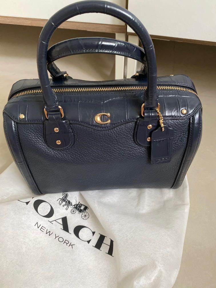 navy blue leather coach purse