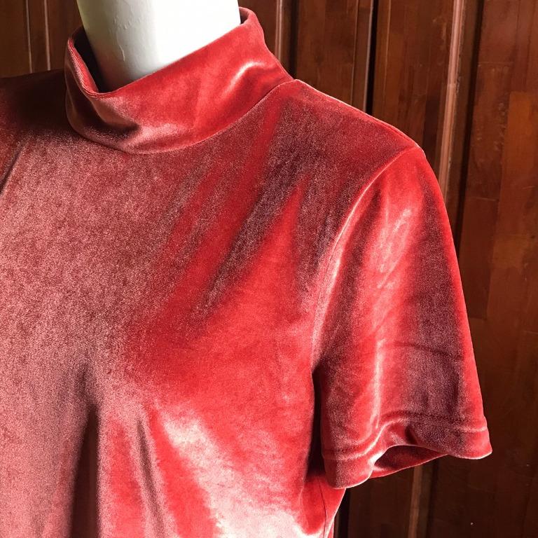 Madewell Copper Red Velvet Mockneck Tee Tops Fesyen Wanita