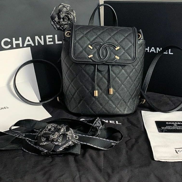 original chanel filigree backpack small black caviar in gold hw series 28
