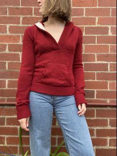 90s style red knitted hoodie jumper sweater size S