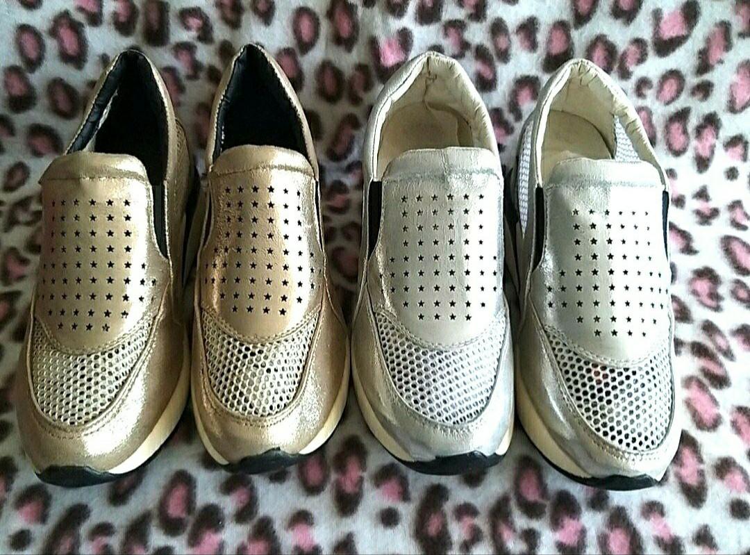 gold and silver shoes