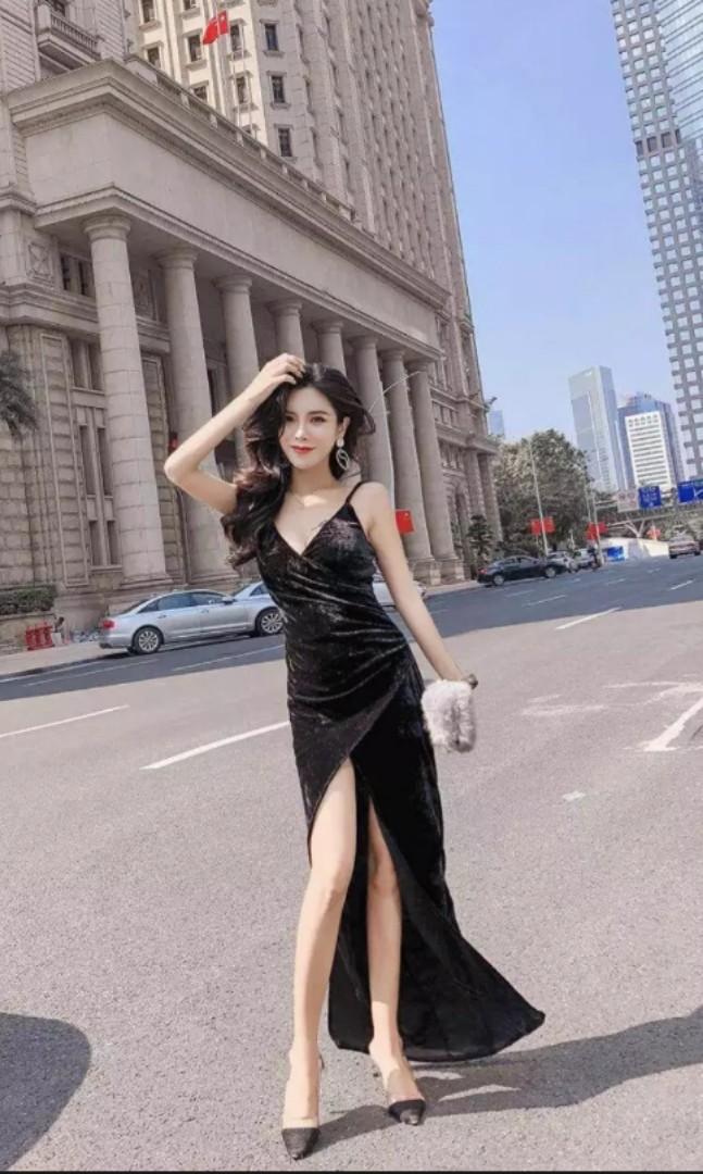 Black velvet long Dress retro side slit 