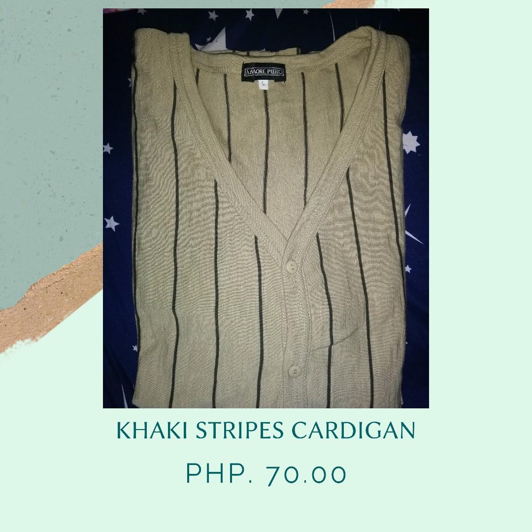 Khaki Stripes Cardigan (Category: Coats, Jackets and Outerwear) located in Pasig City. Submitted by ceejay003 (Listing ID 1019283179, Image 1). Description: LIPAT-BAHAY Sale!! 👉 Almost new 👉 No flaws 👉 Fits from medium to large.