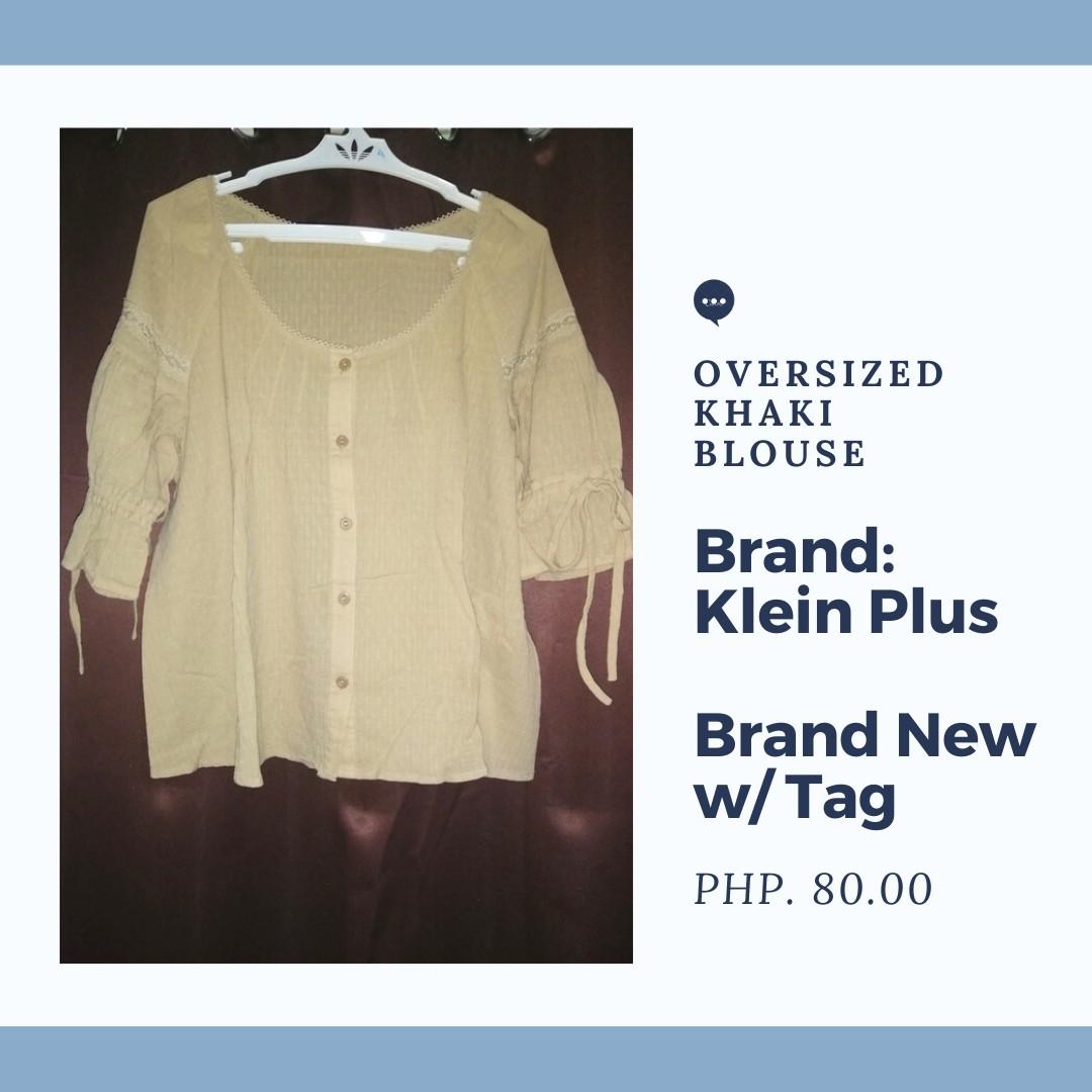 KLEIN PLUS Oversized khaki blouse (Category: Others Tops) located in Pasig City. Submitted by ceejay003 (Listing ID 1019105930, Image 1). Description: LIPAT-BAHAY Sale! Brand New w/ Tag!! 👉 Size is fit from large to XL. Pwede sin sa Medium. Parang free size sya. Pa crop top din yung style nya 👉 Never pa nagamit. Padala lang sakin..