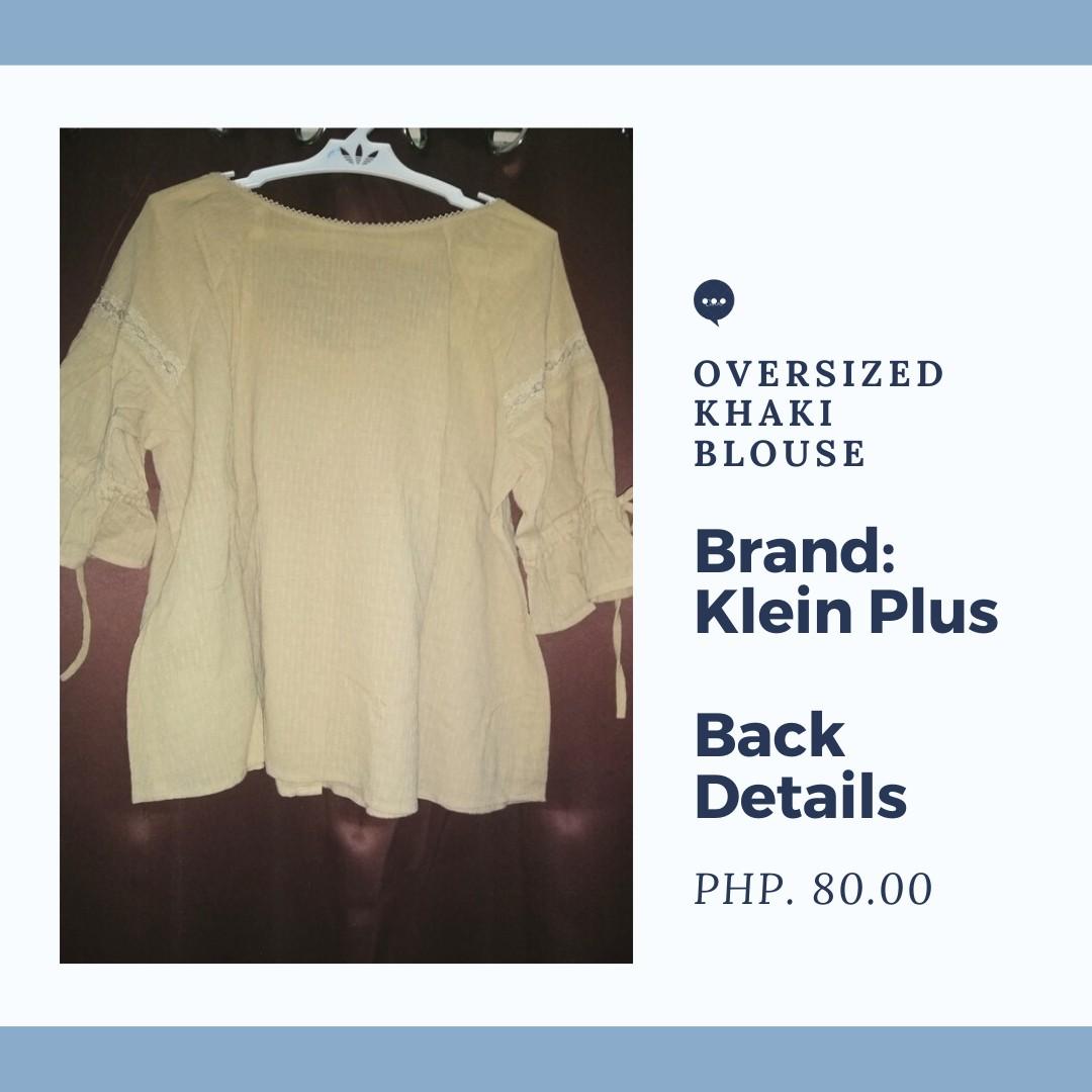 KLEIN PLUS Oversized khaki blouse (Category: Others Tops) located in Pasig City. Submitted by ceejay003 (Listing ID 1019105930, Image 3). Description: LIPAT-BAHAY Sale! Brand New w/ Tag!! 👉 Size is fit from large to XL. Pwede sin sa Medium. Parang free size sya. Pa crop top din yung style nya 👉 Never pa nagamit. Padala lang sakin..